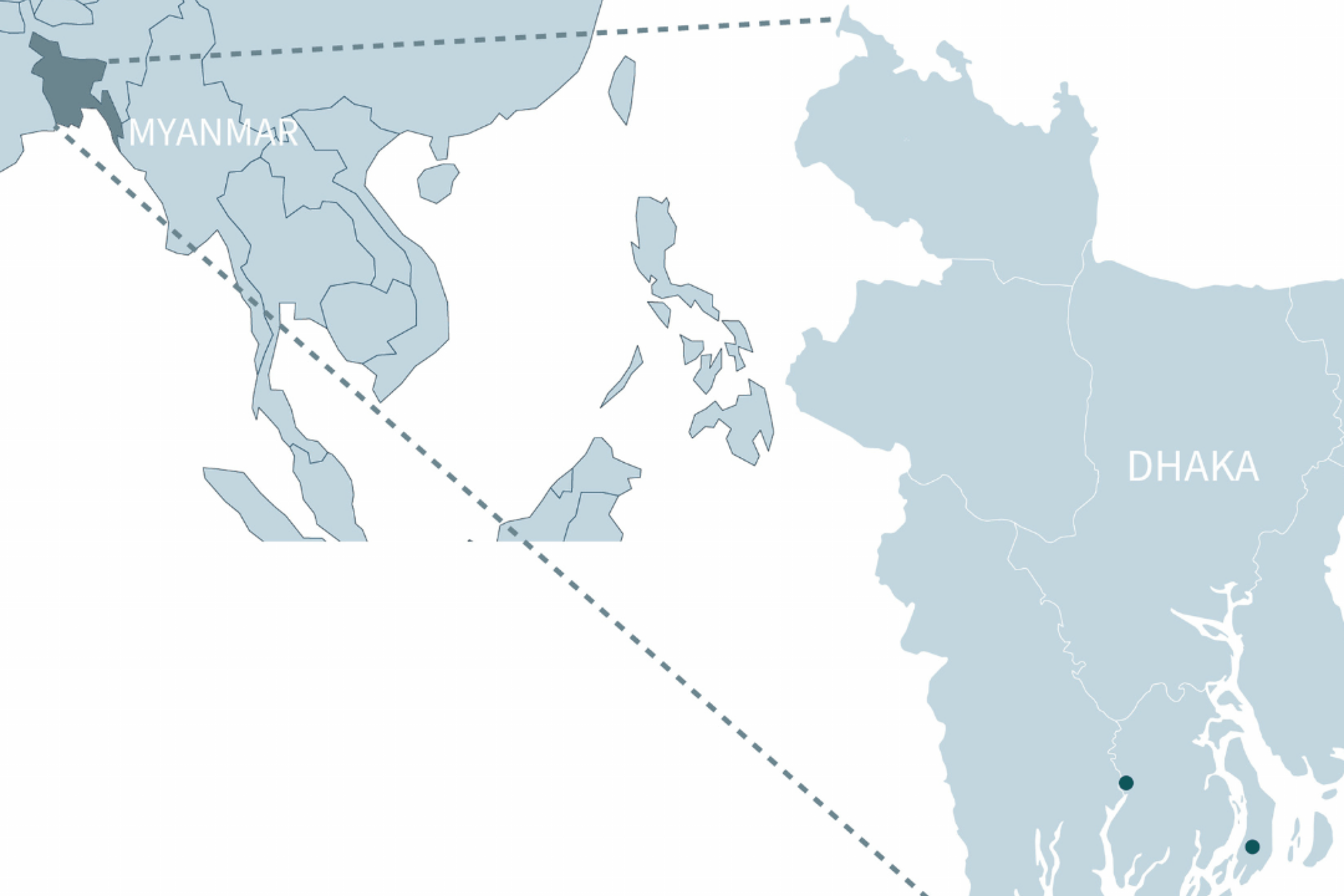 Graphic map of Dhaka and the Bay of Bengal.