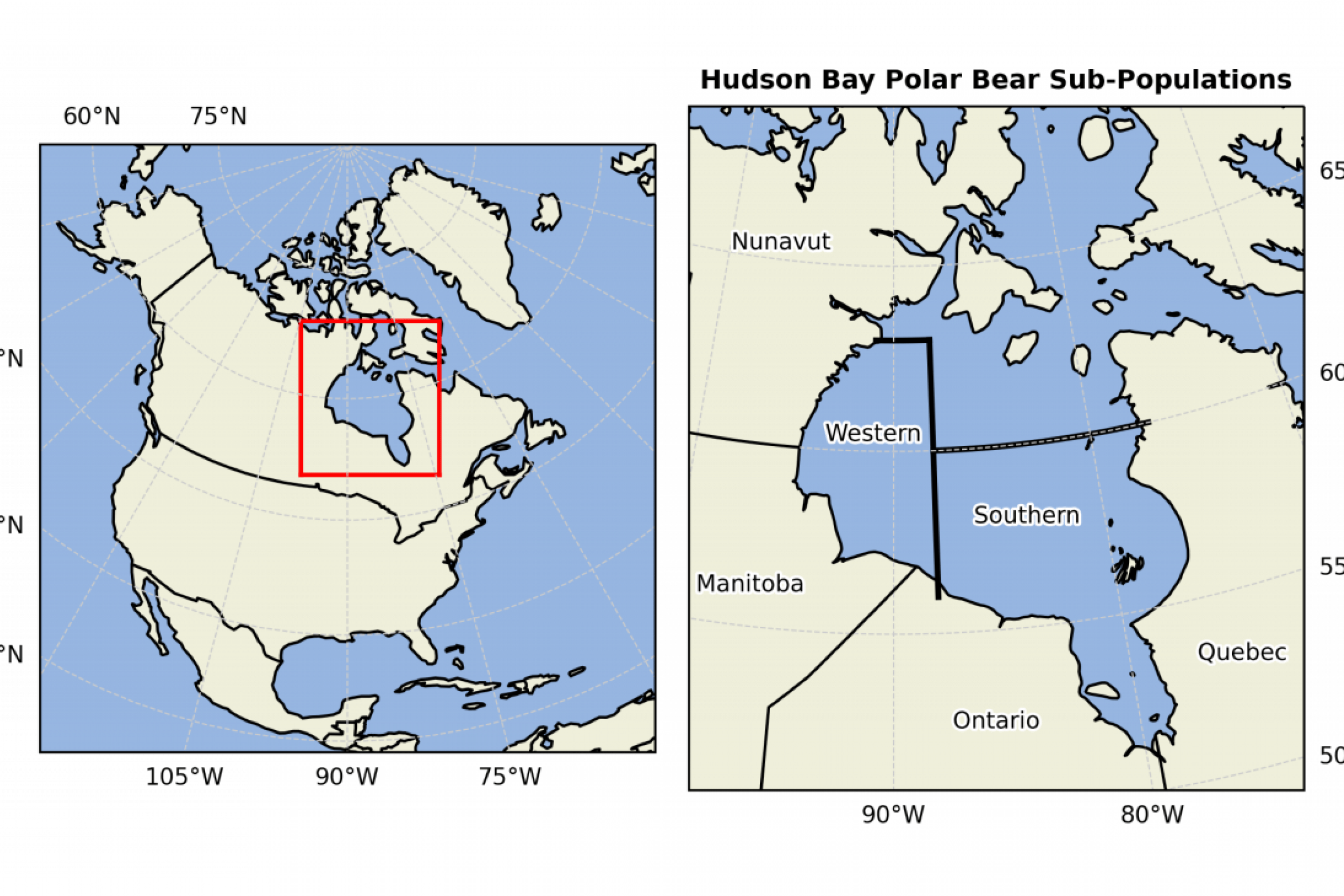 A map illustrating the boundaries of the Western Hudson Bay and Southern Hudson Bay polar bear populations.
