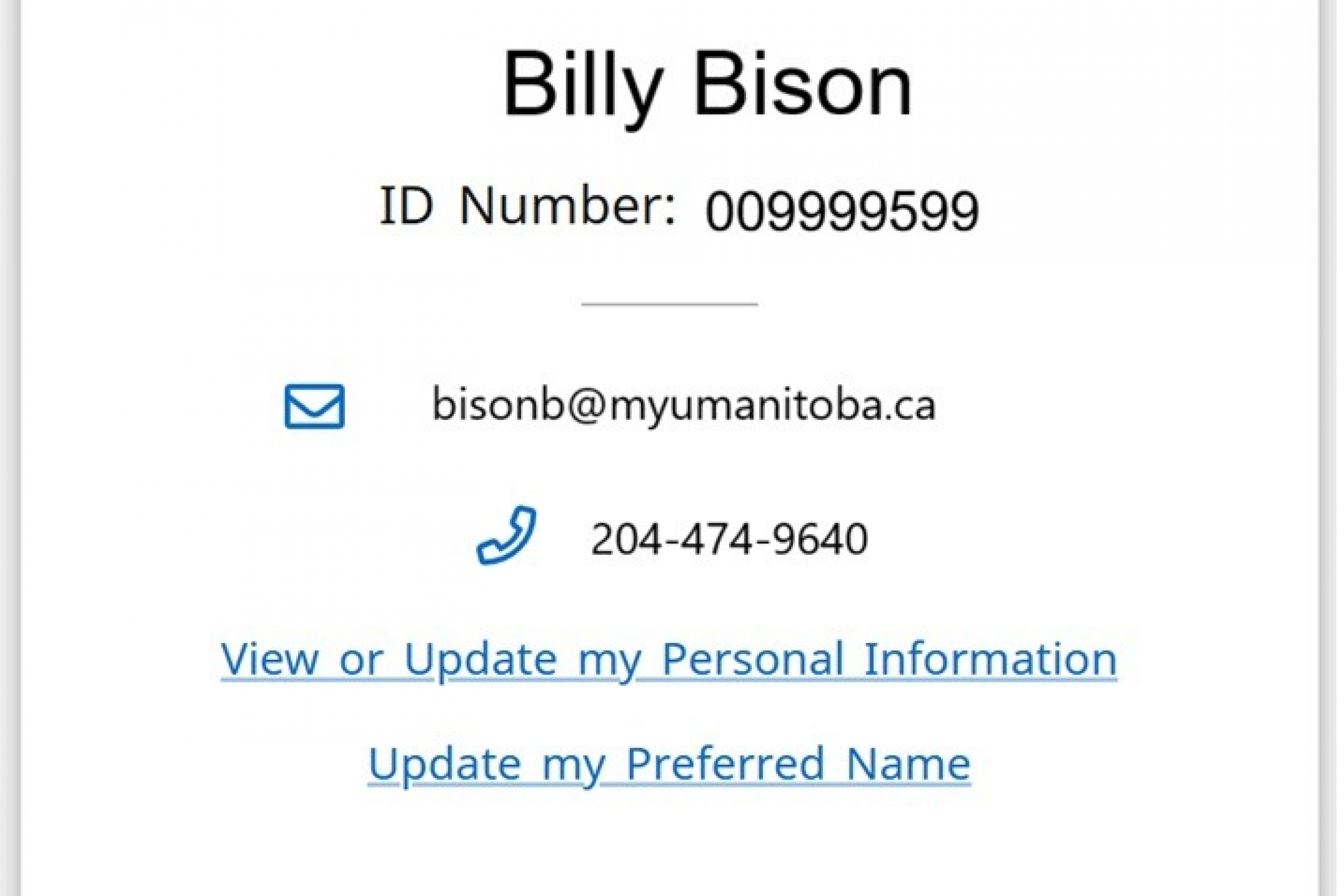 Image of sample My Personal Information page with Billy Bison's personal information.