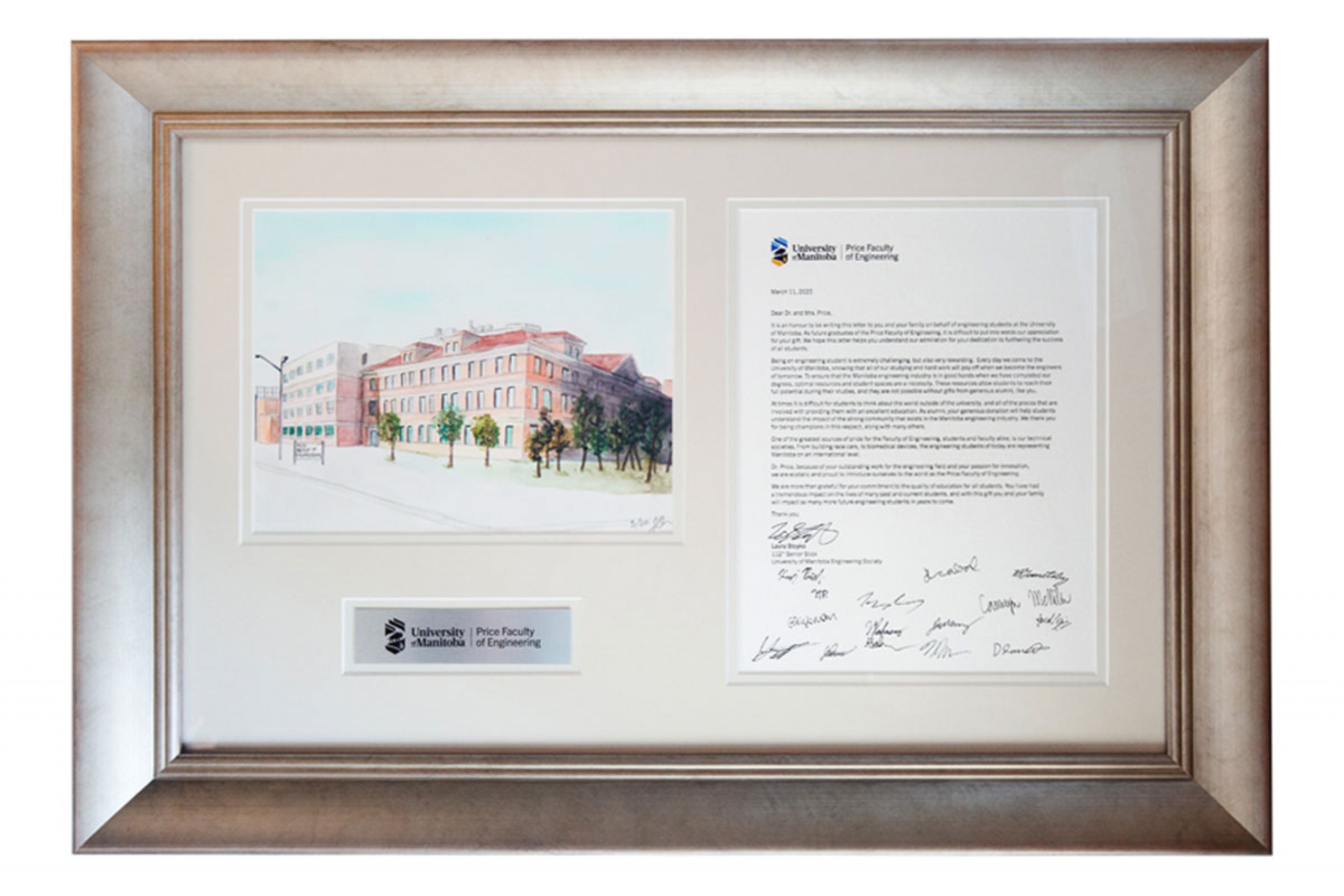 framed watercolour image of engineering building and a letter of thanks from engineering students.