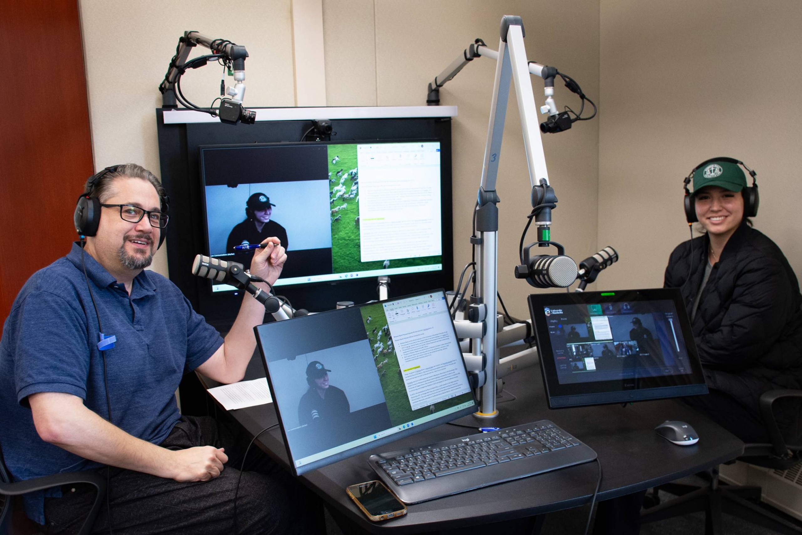 A photo of Dr Richard Jochelson, Dean of Law, seated at the faculty of Law's podcast table with Trechelle Bunn, Chief of the Birdtail Sioux First Nation and a third-year law student at Robson Hall.