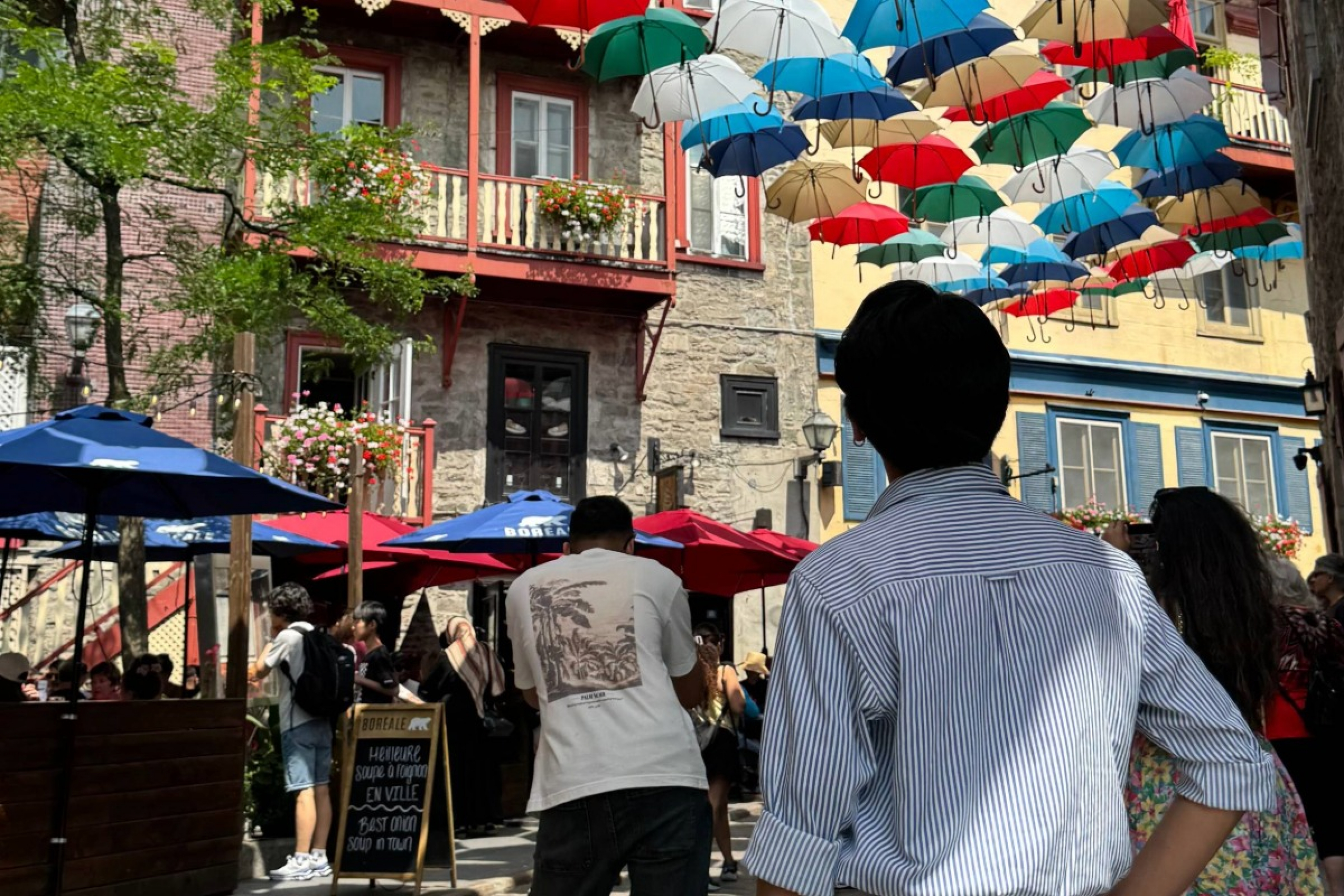 Salvador with his back against the camera, exploring a neighbourhood in Montreal.