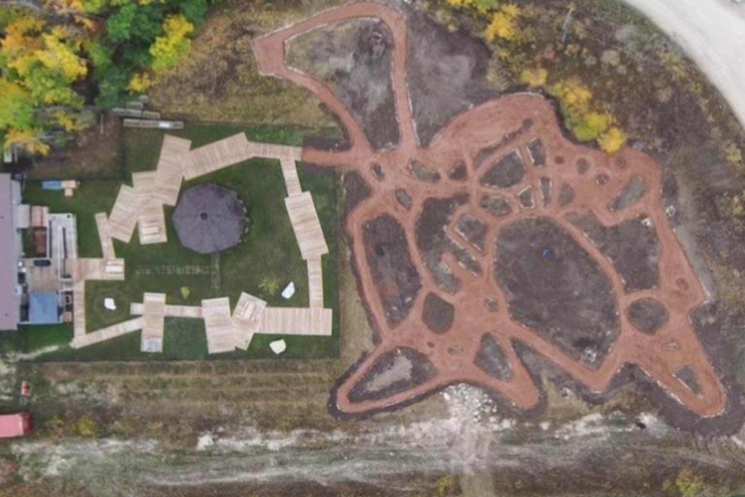 An aerial view of a walking trail.