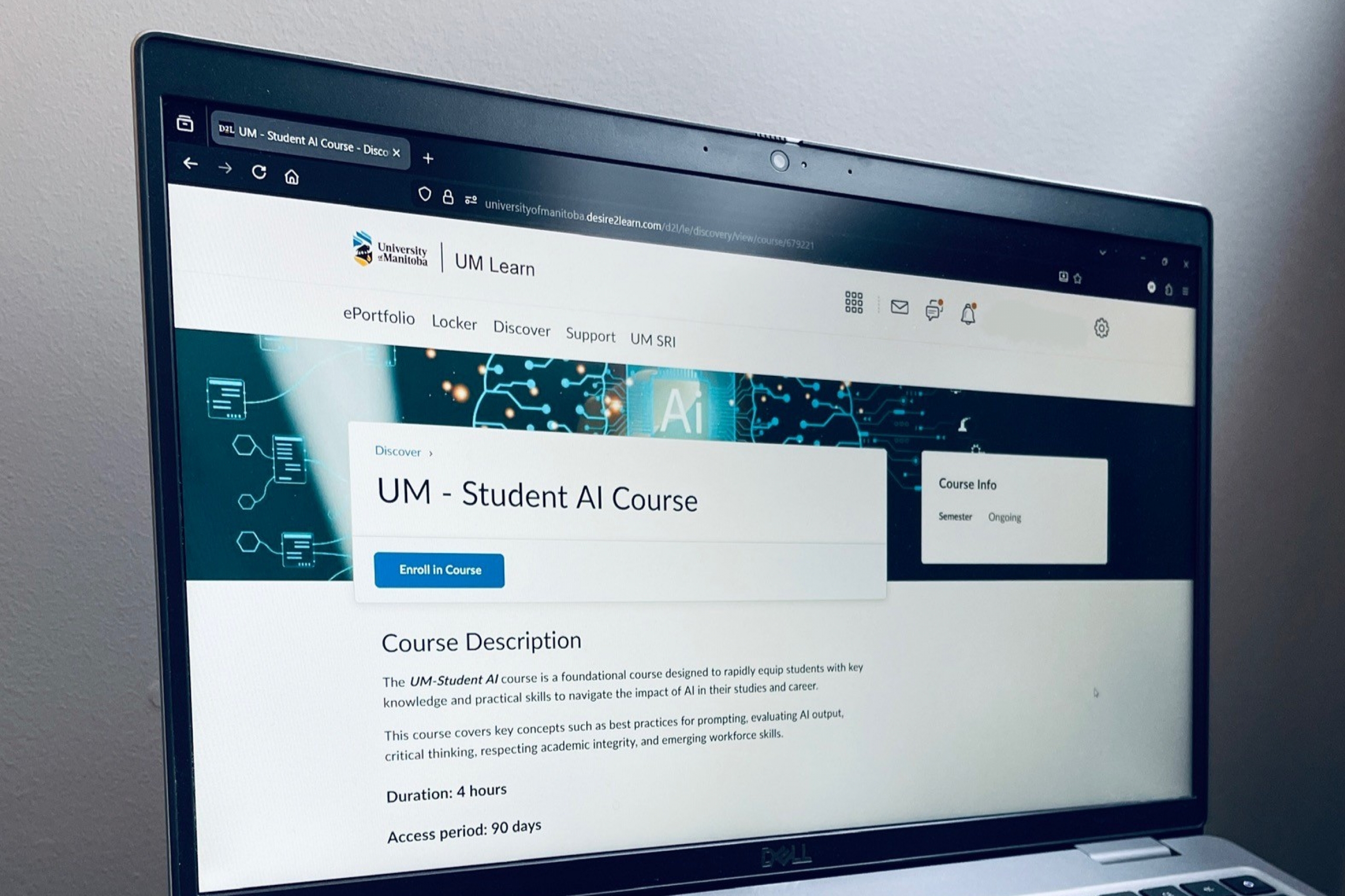 Open laptop with landing page for AI course on screen.