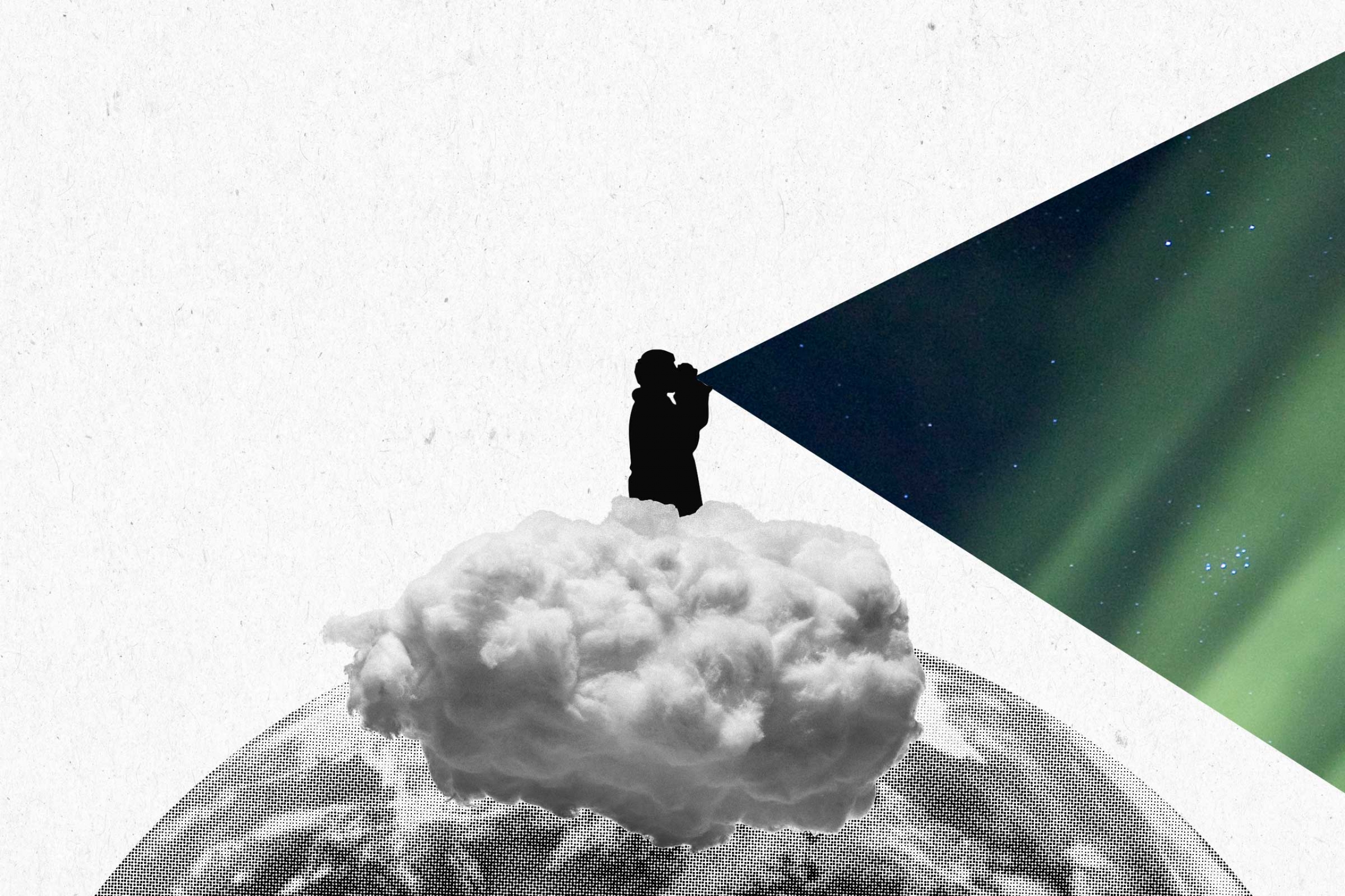 A figure standing on the top of the world with a triangle illustrating its voice, reflecting the northern lights