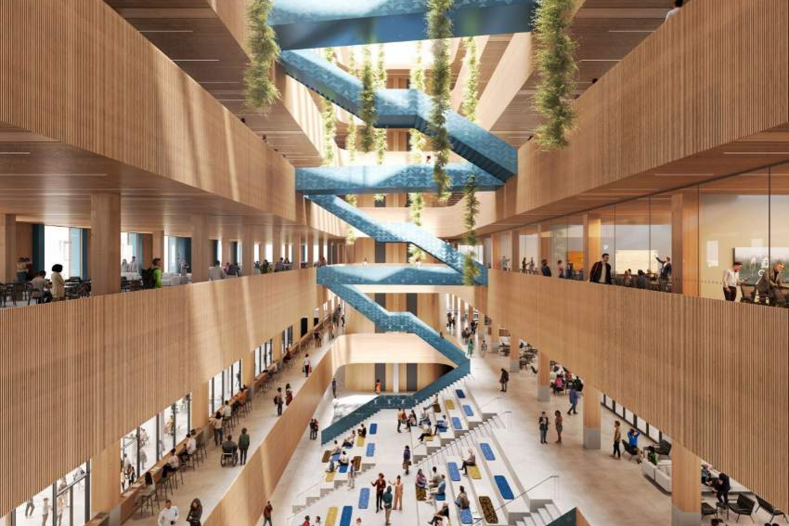 Interior of proposed new Dafoe Library. Zig zagging staircase between areas in the library.