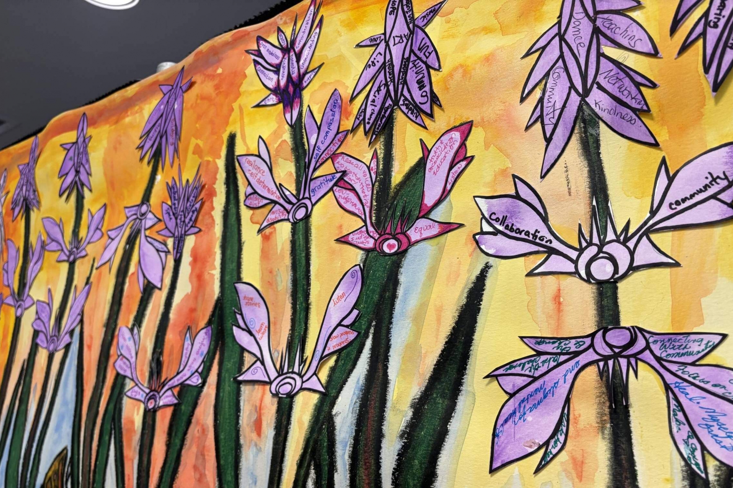 Arts-based community mental healthcare visioning activity showing purple coloured floral patterns on a yellow and orange background.