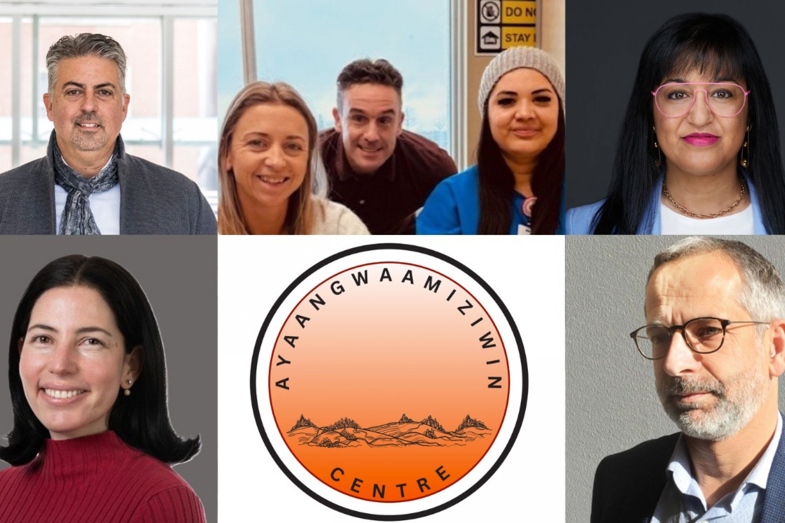 A logo for the Ayaangwaamiziwin Centre, surrounded by photos of some of the researchers involved with the initiative.