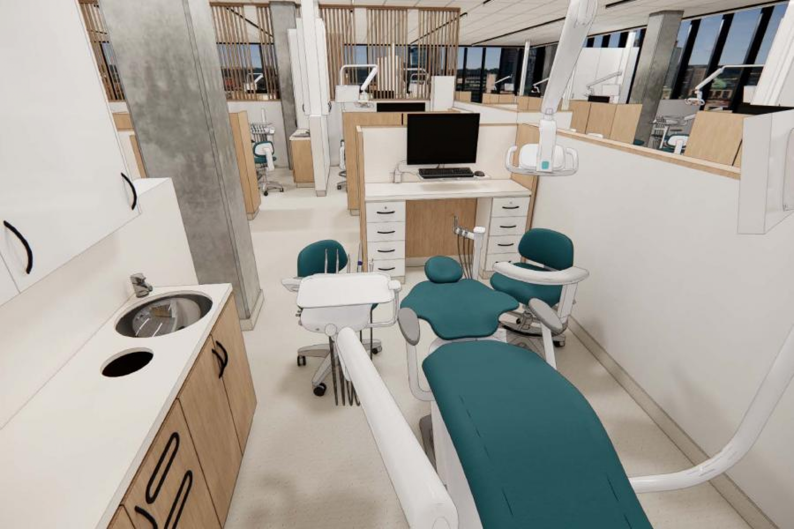 Rendering of dental work space in new dentistry college