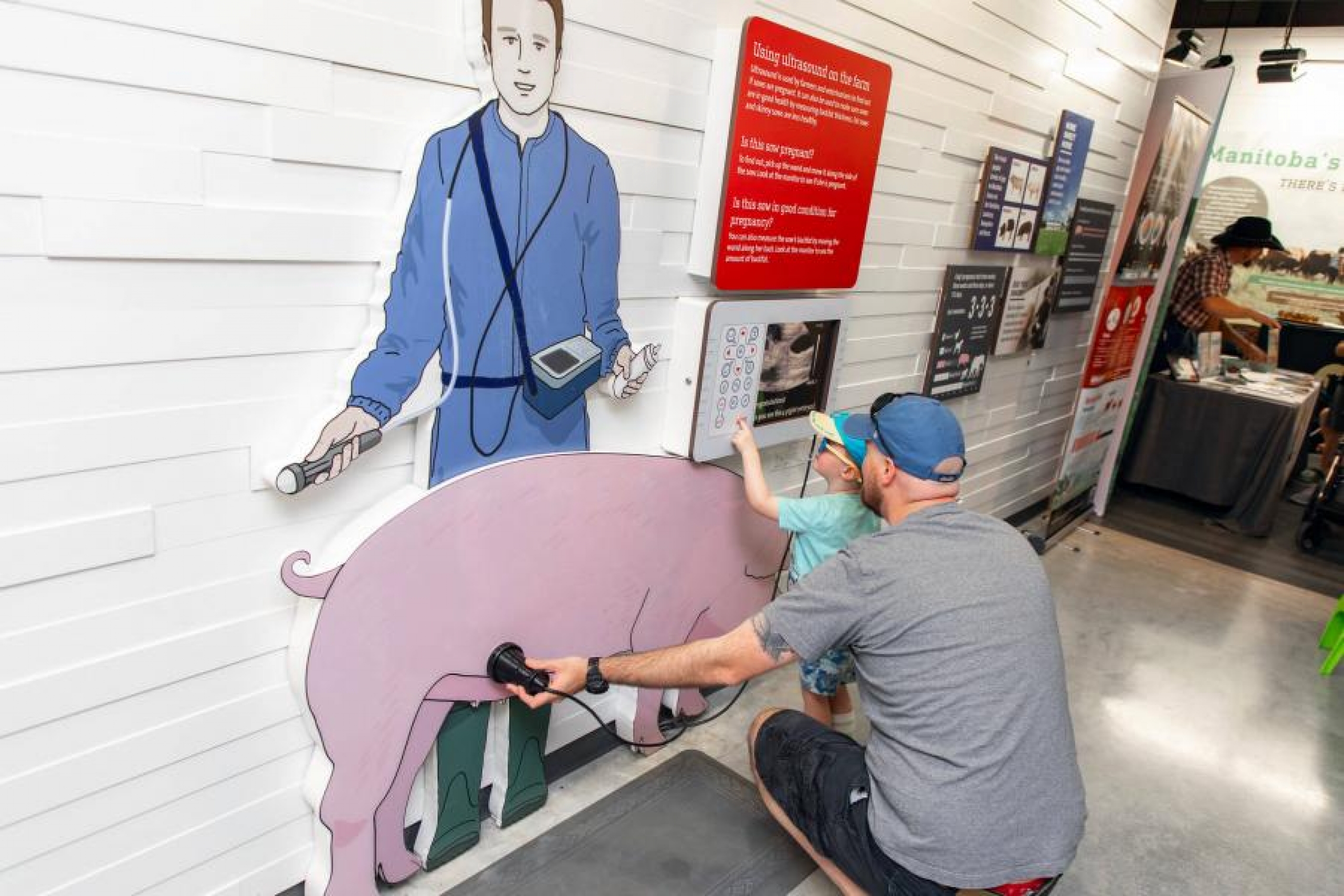 A father and son learn about pigs at the Bruce D. Campbell Farm and Food Discovery Centre 