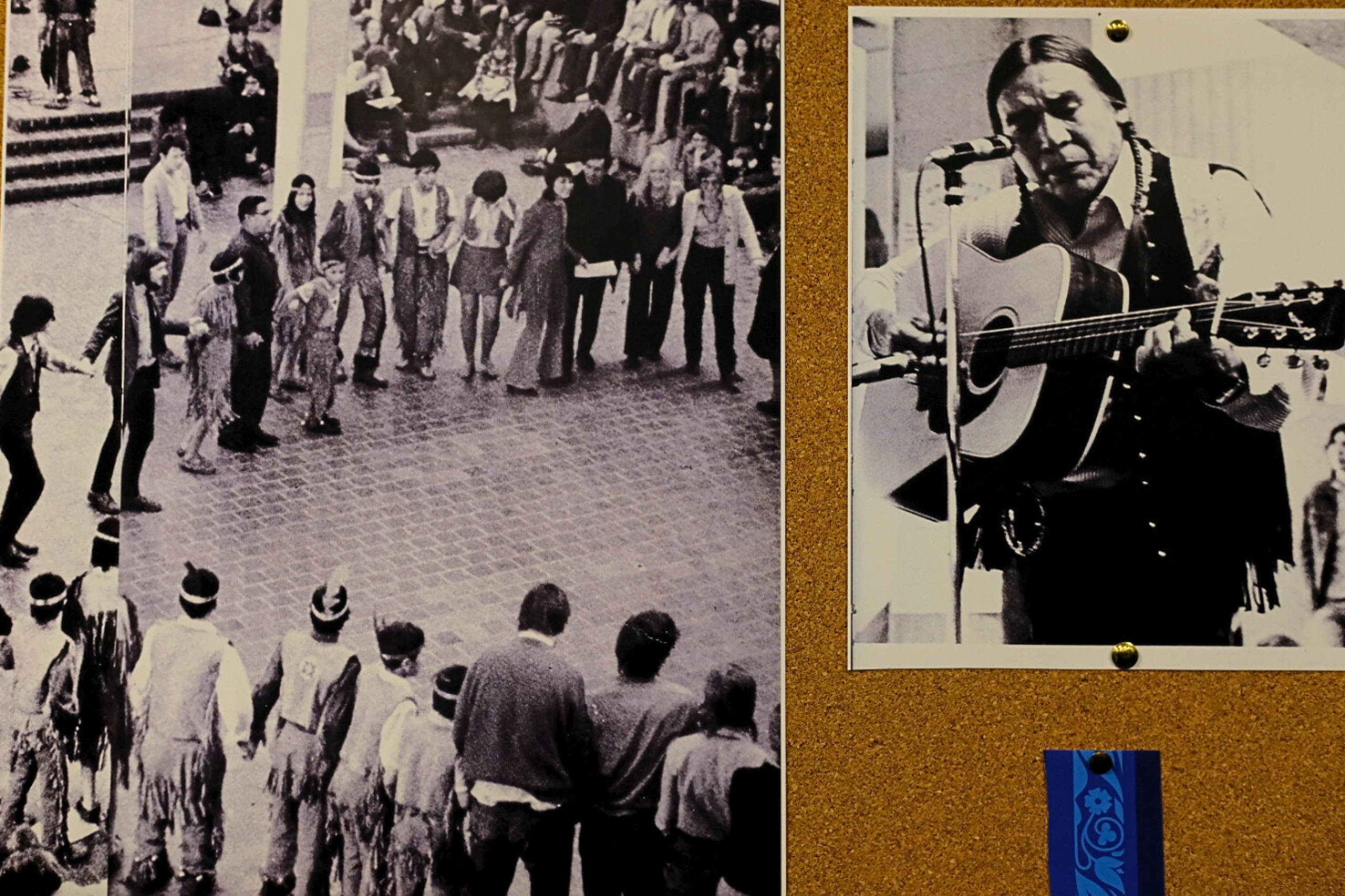 A collage of vintage black-and-white photographs showing an Indigenous community dance circle and a musician playing guitar.