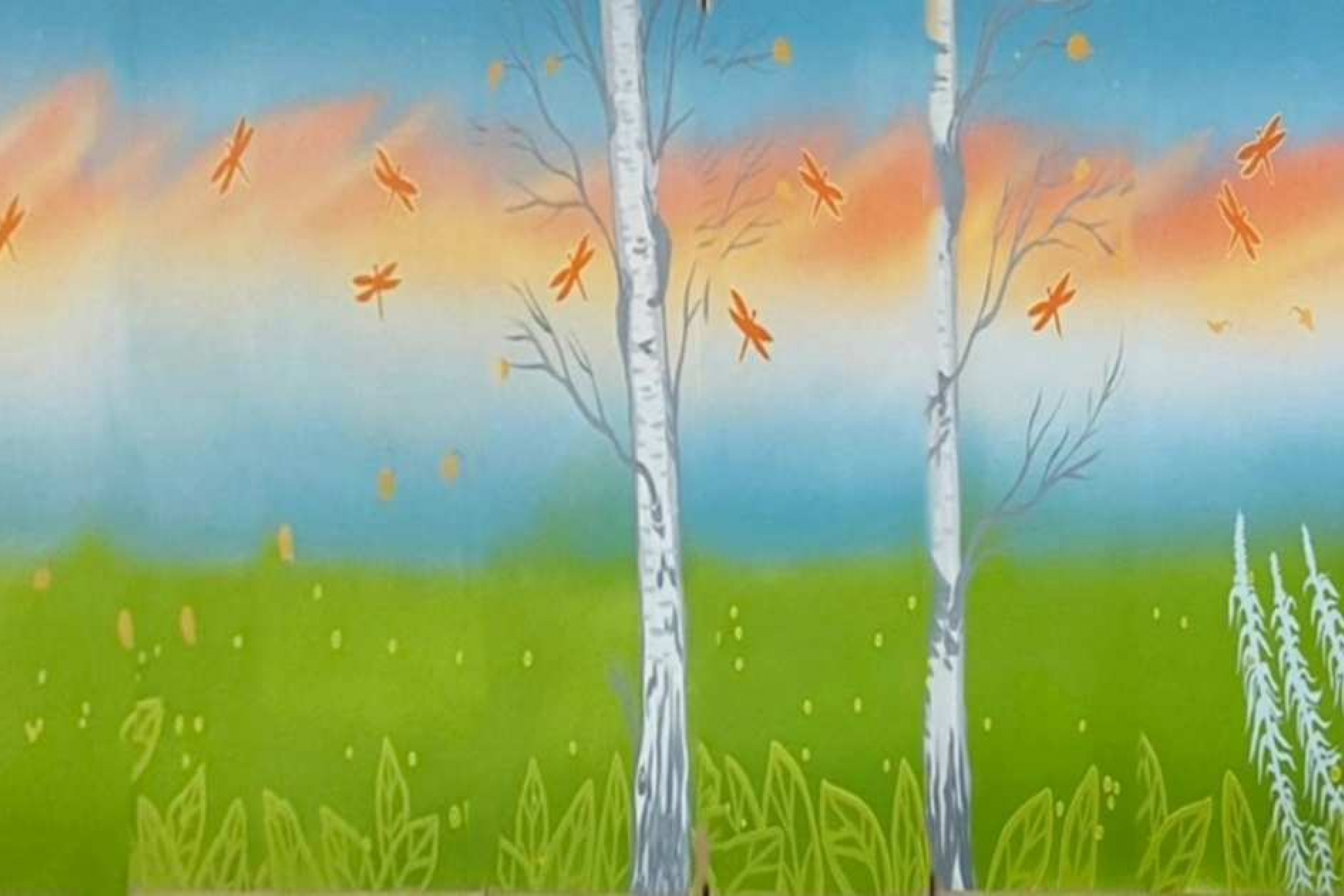 digital illustration of green grass, two birch trees and blue sky with orange dragonflys.