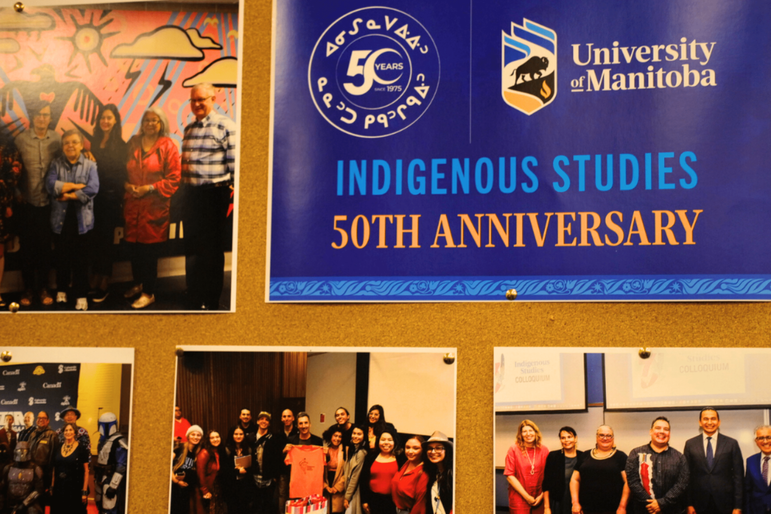 A bulletin board display with the UM Indigenous Studies 50th Anniversary poster, surrounded by group photos of community members and events.