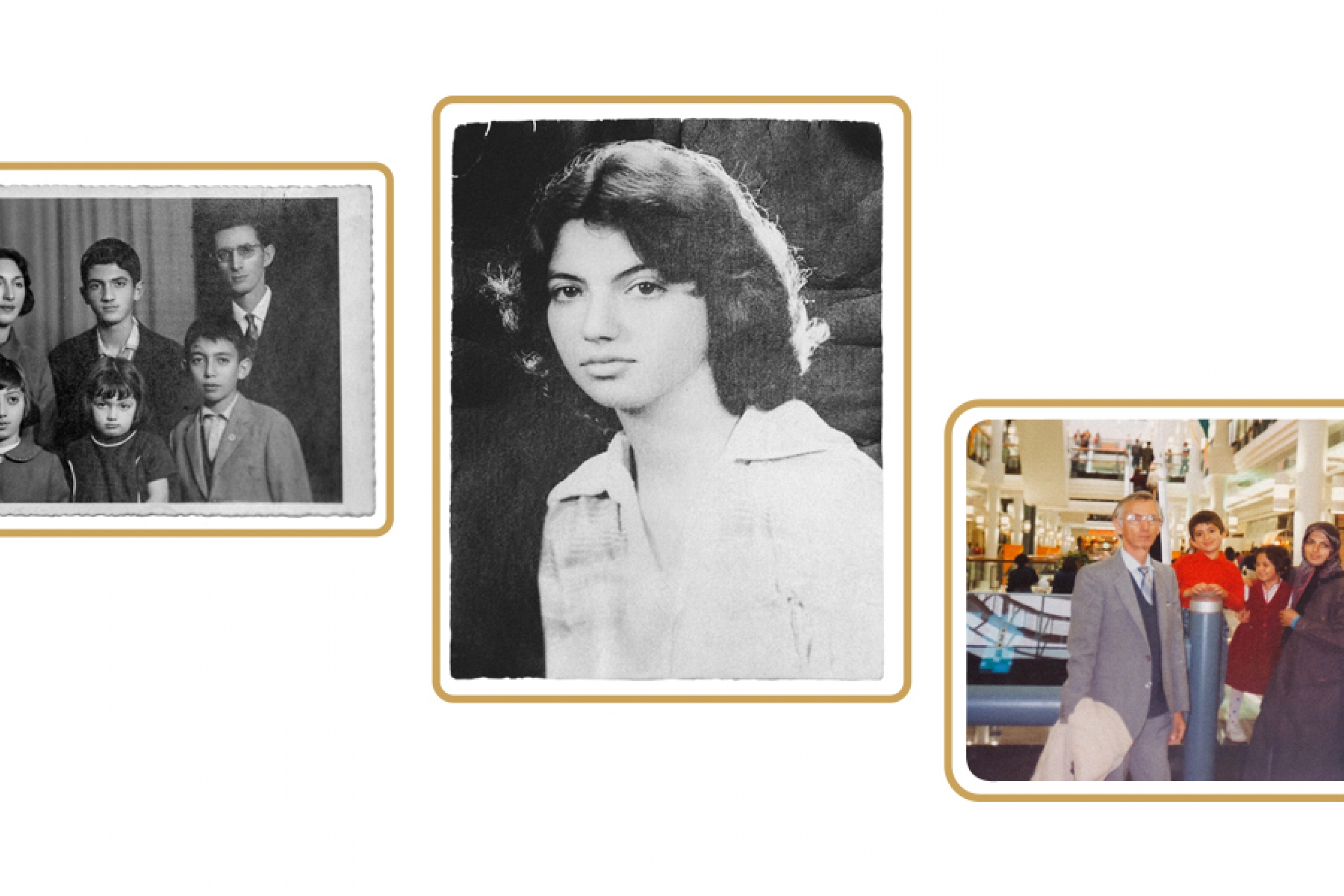 A collage of three images showing the article subject Zahra Moussavi at different stages in her life. Left to right: Zahra as a child with her parents and siblings; Zahra as a teen; Zahra as a young mother with her children and parents. 