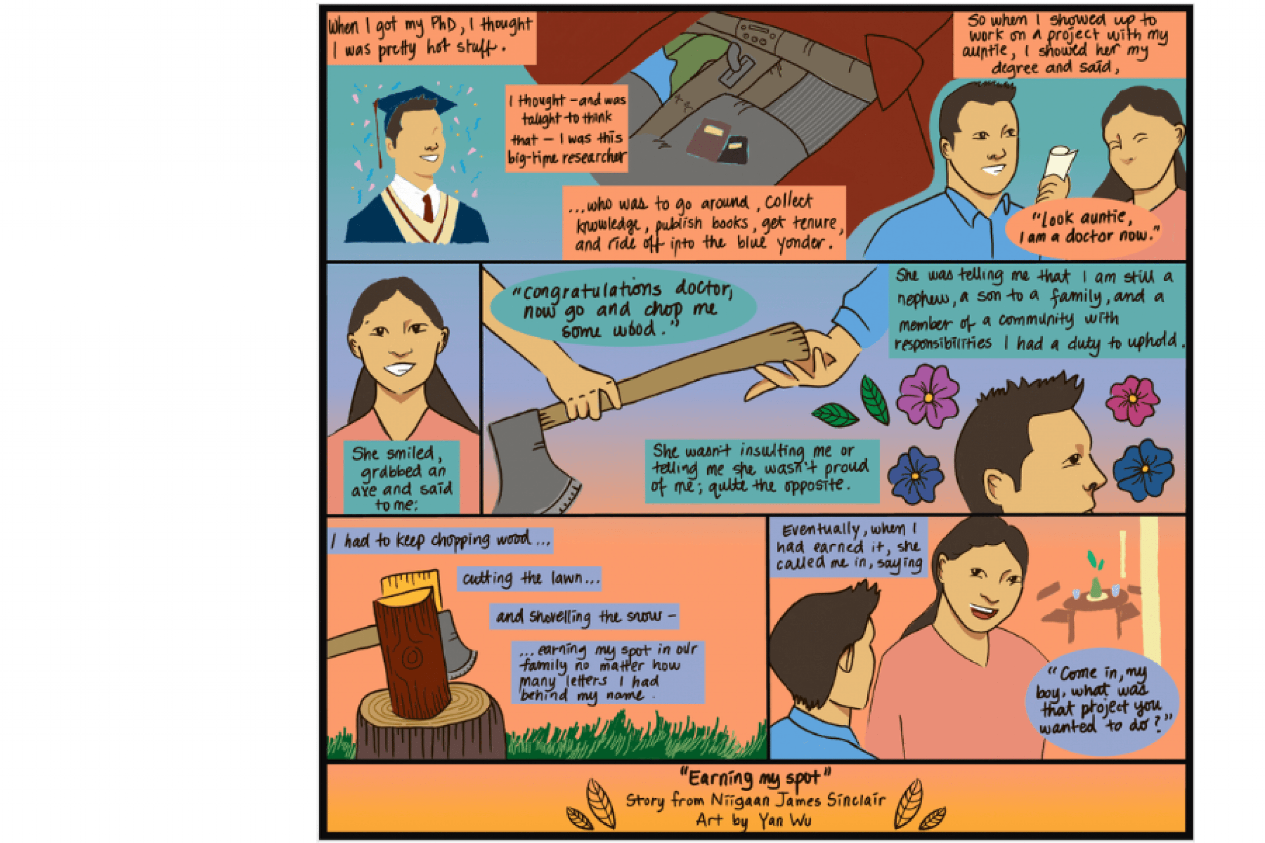 Comic showing a PhD graduate learning humility from his aunt, who reminds him that community contribution matters more than titles.