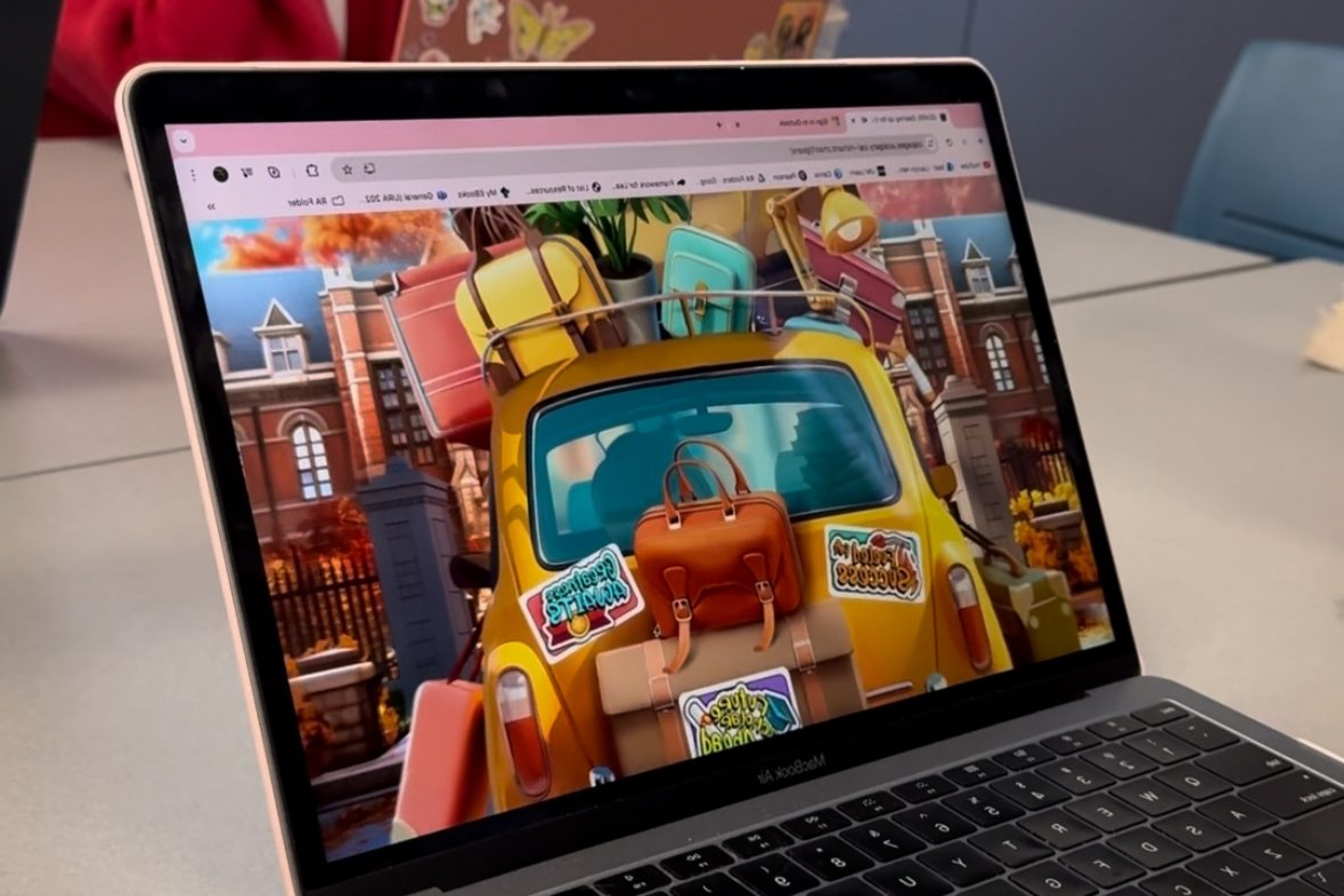 a lap top with bright graphics on the screen.