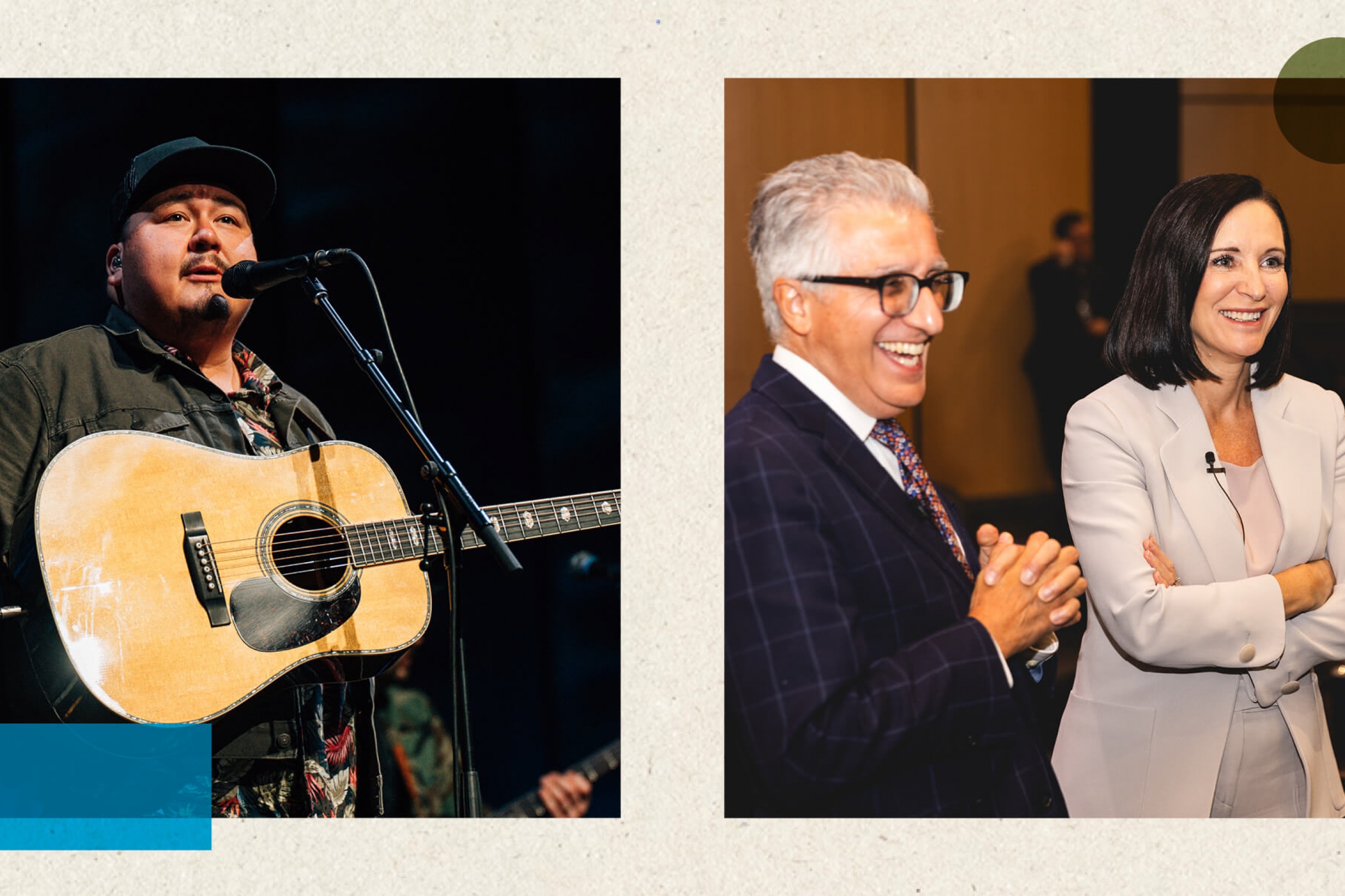 A grid of two images, showing William Prince and Michael Benarroch with Amanda Lang