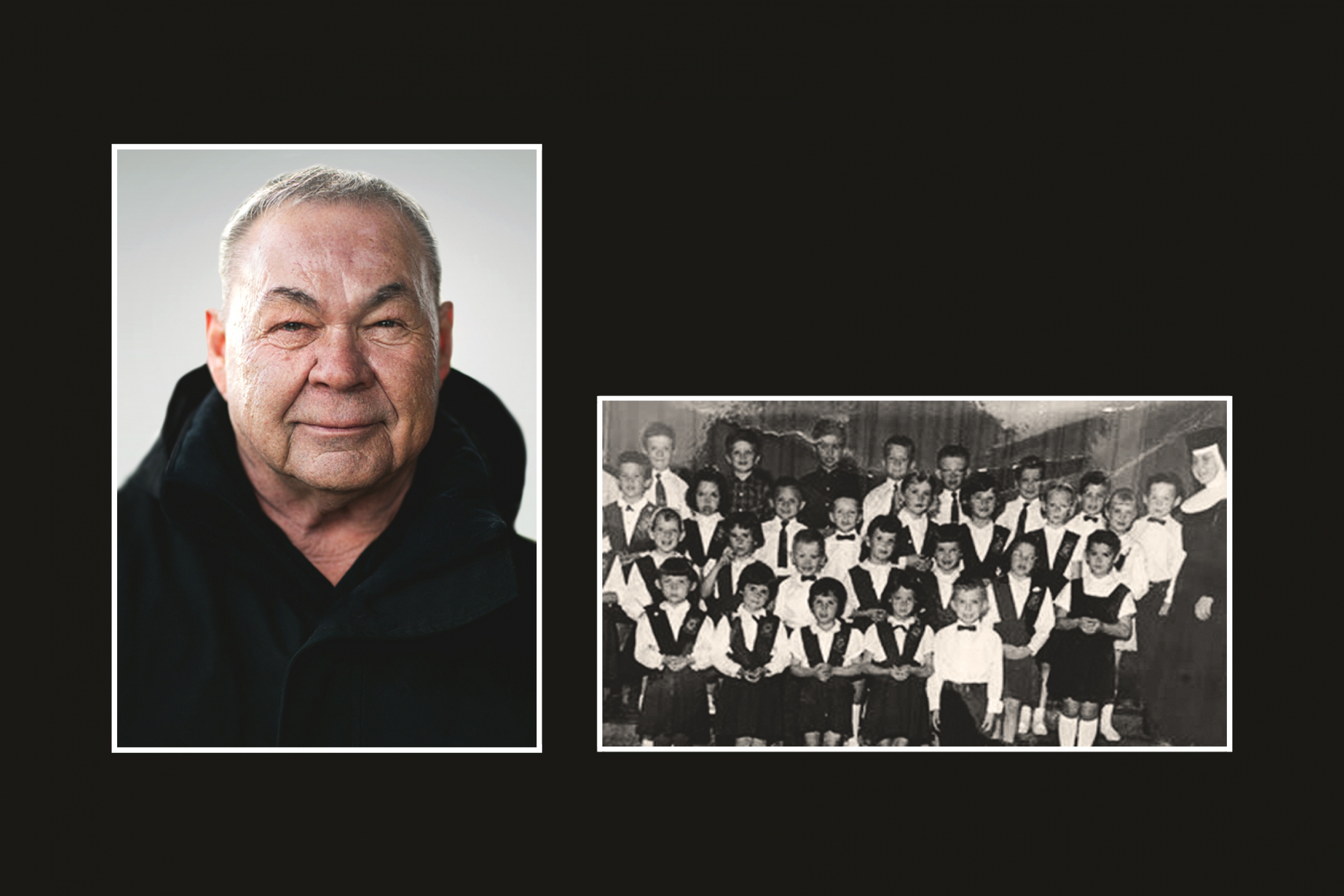 Brian Normand, a Survivor, looks at the camera in an image on the left and on the right, there is a class photo from his time in day school