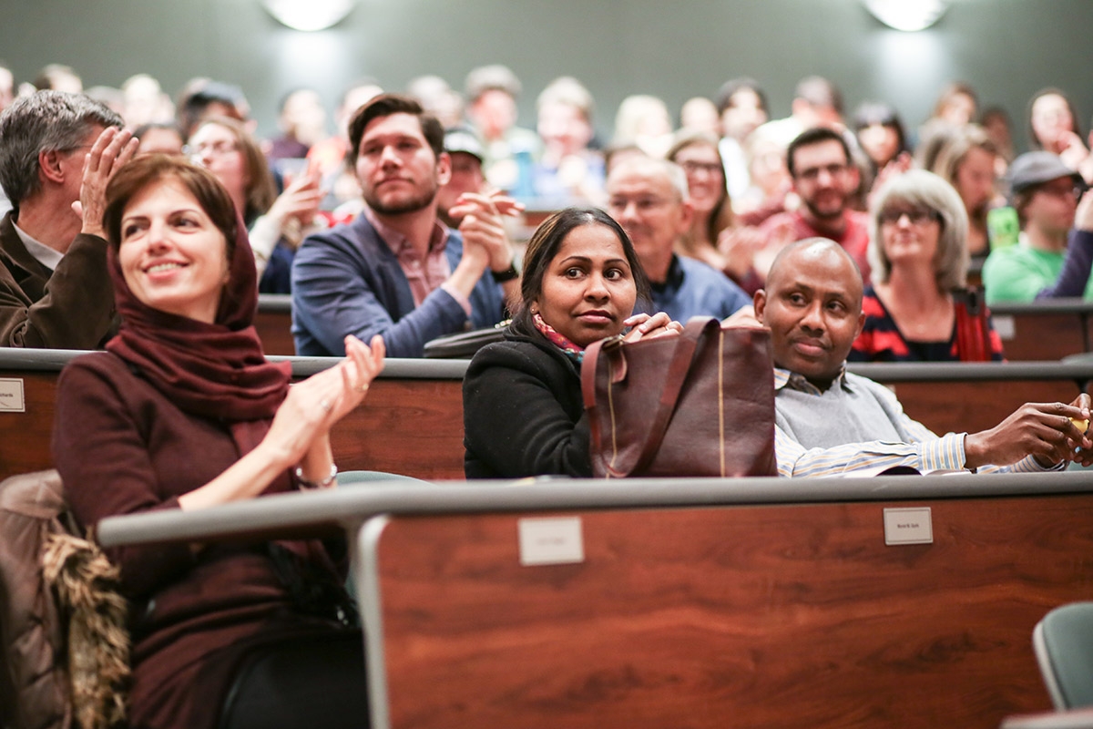 The audience looks on inside the Robert B. Schultz Lecture Theatre during the 3MT® final on Feb. 25, 2016. (Photo by Mike Latschislaw)