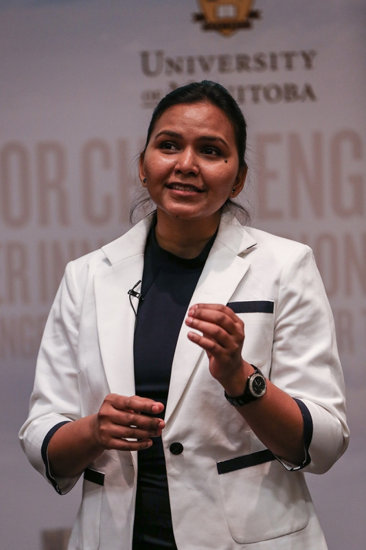 Anjali Bhagirath speaks at the 3MT® final on February 25, 2016. (Photo by Mike Latschislaw)