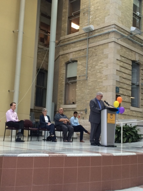  President David Barnard speaks at 2016 Pride Week kickoff event at Bannatyne campus.