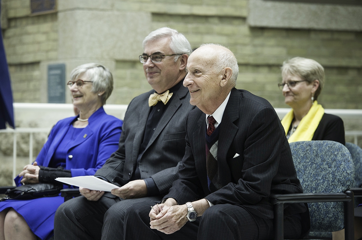 Chair of the Board of Governors Pat Bovey, President Barnard and Ernest Rady. // Photo by David Lipnowski