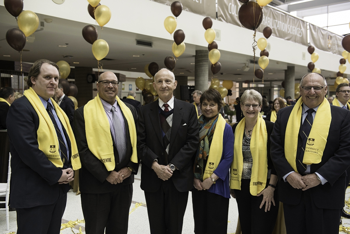 ((L-R) Dr. Neal Davies, dean of the College of Pharmacy, Dr. Anthony Iacopino, dean of the College of Dentistry, Dr. Ernest Rady, Dr. Beverly O'Connell, dean of the College of Nursing, Acting Dean of the College of Rehabilitation Sciences Donna Collins, Dr. Brian Postl, dean, Max Rady College of Medicine, dean, Rady Faculty of Health Sciences & vice-provost (Health Sciences). // Photo by David Lipnowski