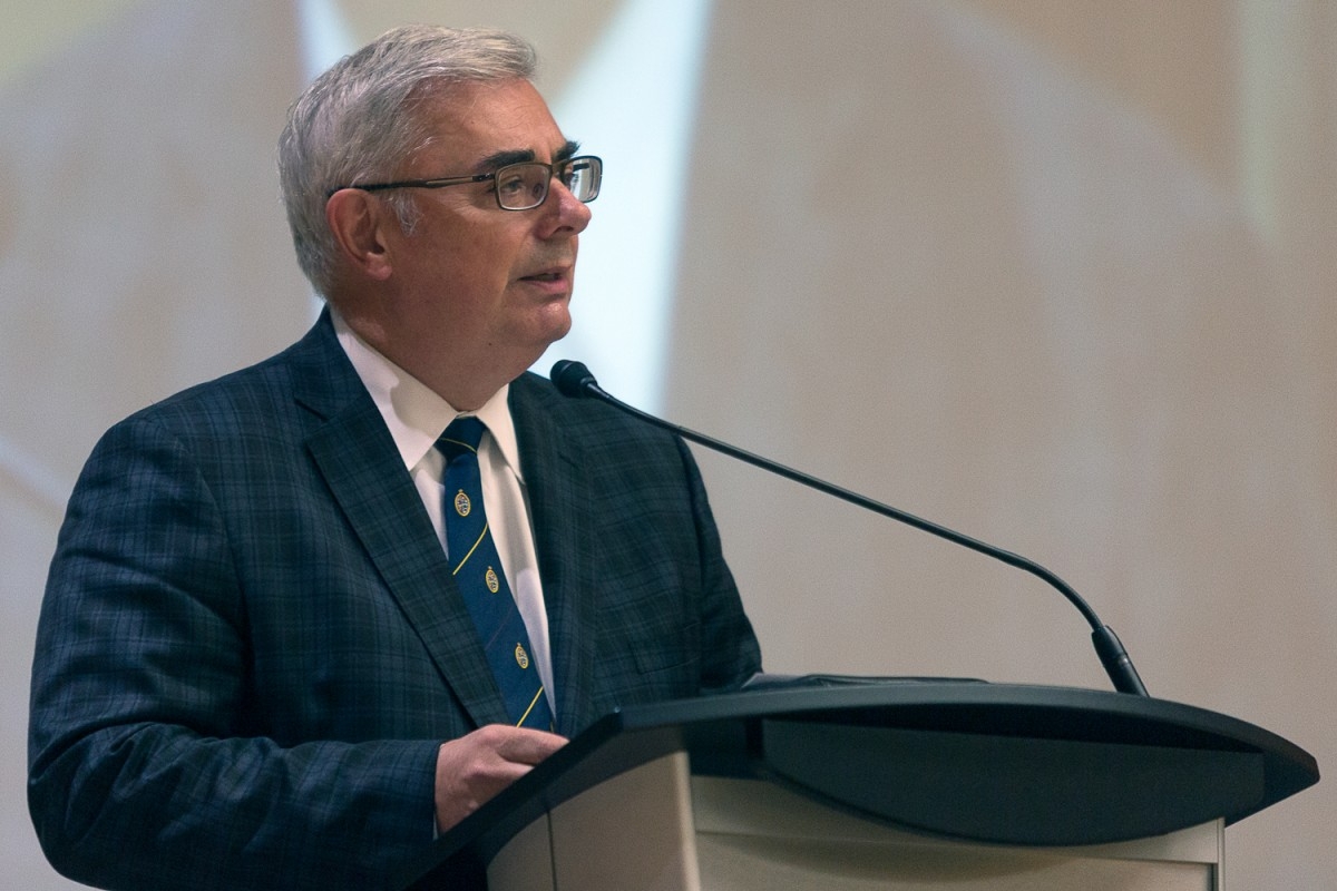 University of Manitoba president David Barnard brings greetings during the opening ceremonies of Giga Maamaawii bimosemin/We Will Walk Together: A Conference for Truth and Reconciliation held on Monday, Sept. 26.