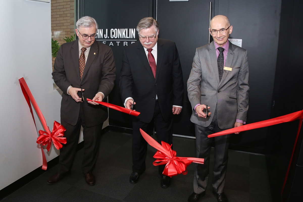 (L – R) President David Barnard, Murray Conklin (John J. Conklin’s grandson) and Dean of Arts Jeffrey Taylor at the ribbon-cutting for the John J. Conklin Theatre on March 15, 2016. // Photo by  Mike Latschislaw