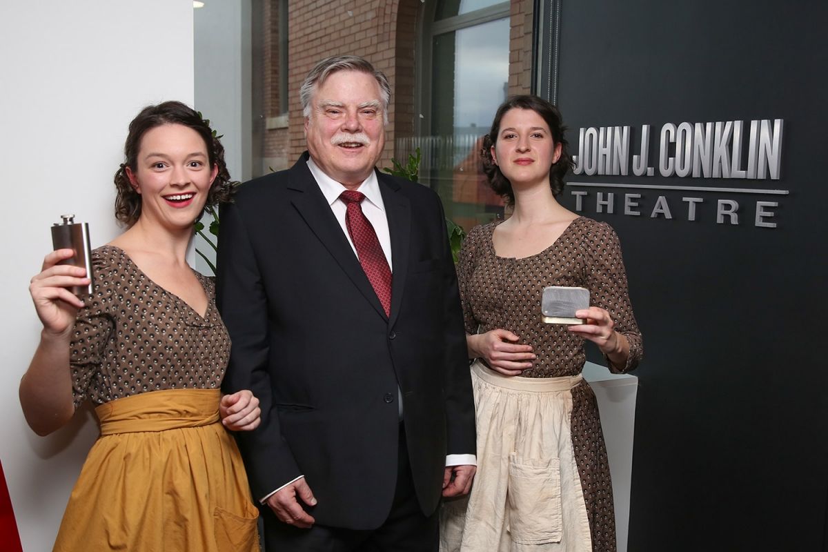 John J. Conklin’s grandson Murray Conklin (centre) poses with cast members from Doubtful House on March 15, 2016. // Photo Mike Latschislaw