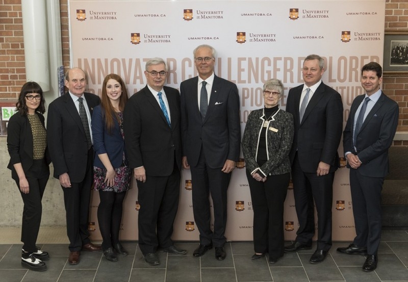 (L-R) Student Chandra Bissoon, Chancellor Harvey Secter, student Rebecca Kunzman, President and Vice-Chancellor David Barnard, president of the Richardson Foundation Hartley Richardson, Chair of the University of Manitoba Board of Governors Pat Bovey, Front and Centre Campaign Chair Paul Soubry and VP External John Kearsey // Photo by David Lipnowski