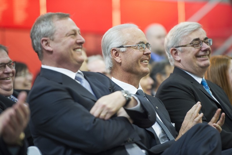 (L – R) Front and Centre Campaign Chair Paul Soubry, Richardson Foundation President Hartley Richardson and University of Manitoba President David Barnard at the April 14, 2016 announcement. // Photo by David Lipnowski