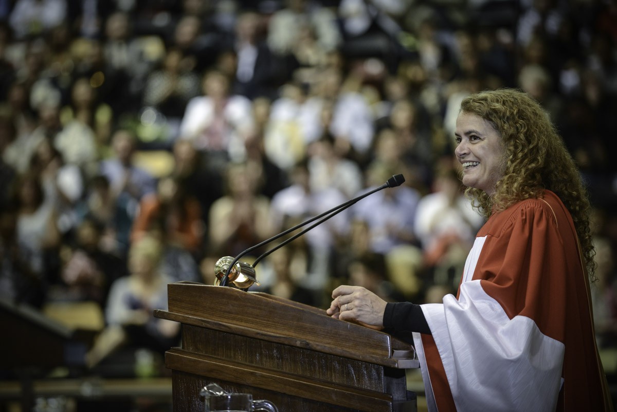 Astronaut Julie Payette speaks at the 2013 convocation ceremonies.