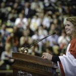 Astronaut Julie Payette speaks at the 2013 convocation ceremonies.
