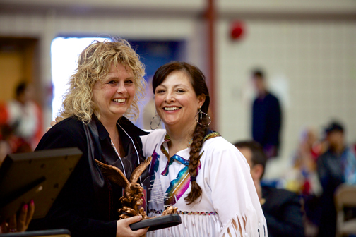 Dawn Wallin, recipient of the Migizii Award, with her nominator, Thelma Nice.