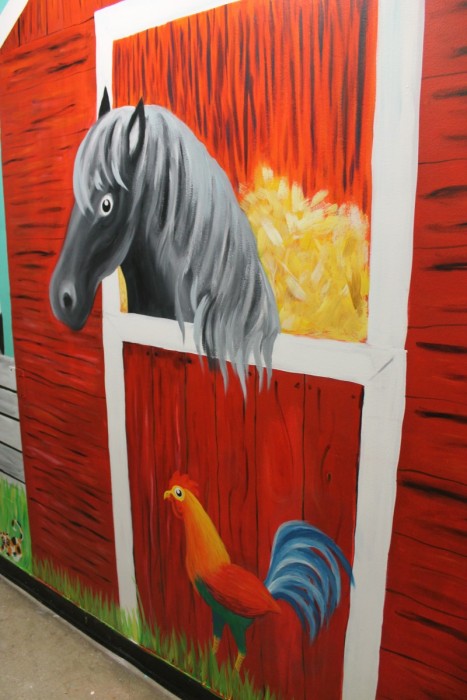 View of barnyard scene, mural.