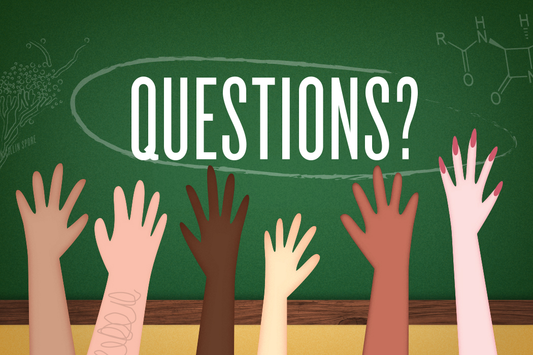 Illustration of hands raised in front of a schoolroom chalkboard. On teh chalkboard, it reads, Questions?