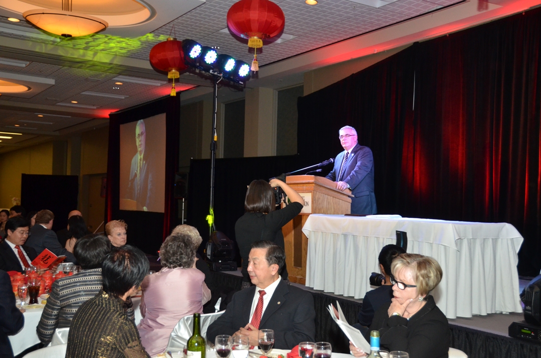 President David Barnard speaks toe the Convention Centre crowd after reciveing the Golden Dragon Citizen of the Year Award // Photo by Howard Lee