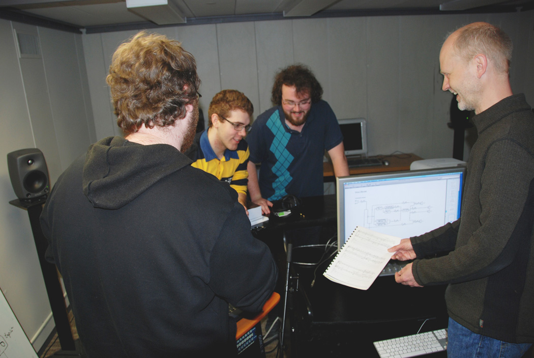 Örjan Sandred teaching in Studio FLAT. Students (l to r): Zach Bales, Troy Jasper and David Betz.