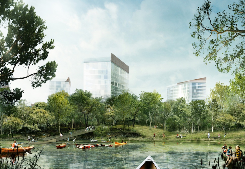 A rendering of the Southwood riverbank, from the winning design proposal "Arpent"
