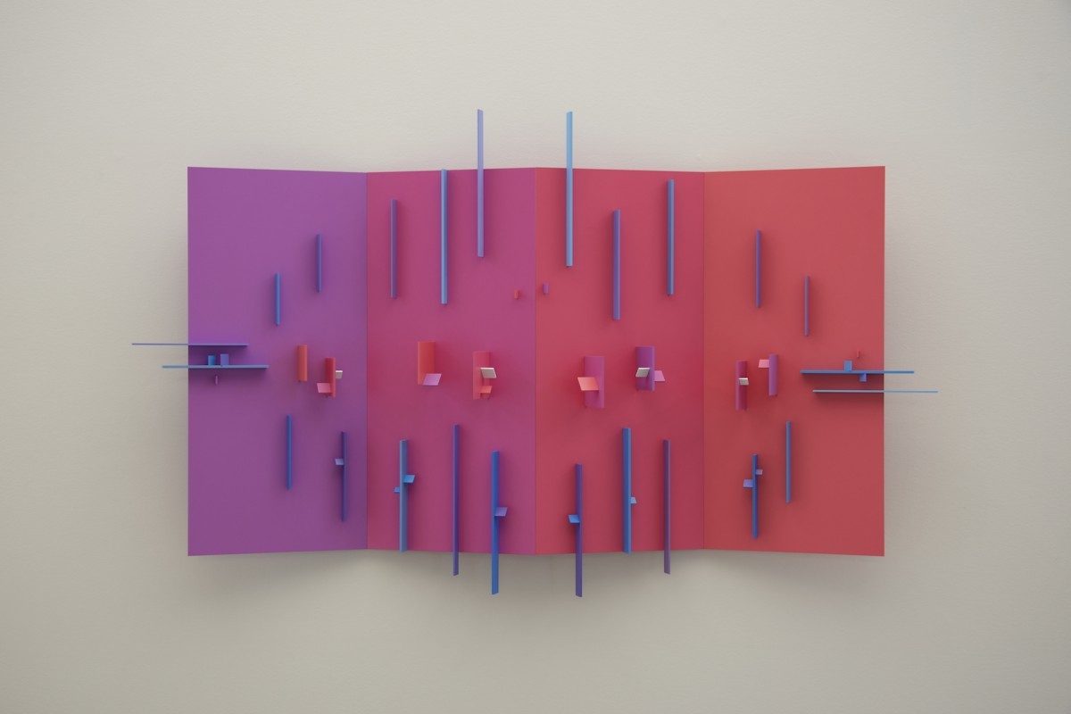 Eli Bornstein, Quadriplane Structurist Relief No. 4 (Sunset Series), 1997-1999, acrylic enamel on aluminum, 93.75 X 153.75 X 19.3 cm. // Photo by Troy Mamer