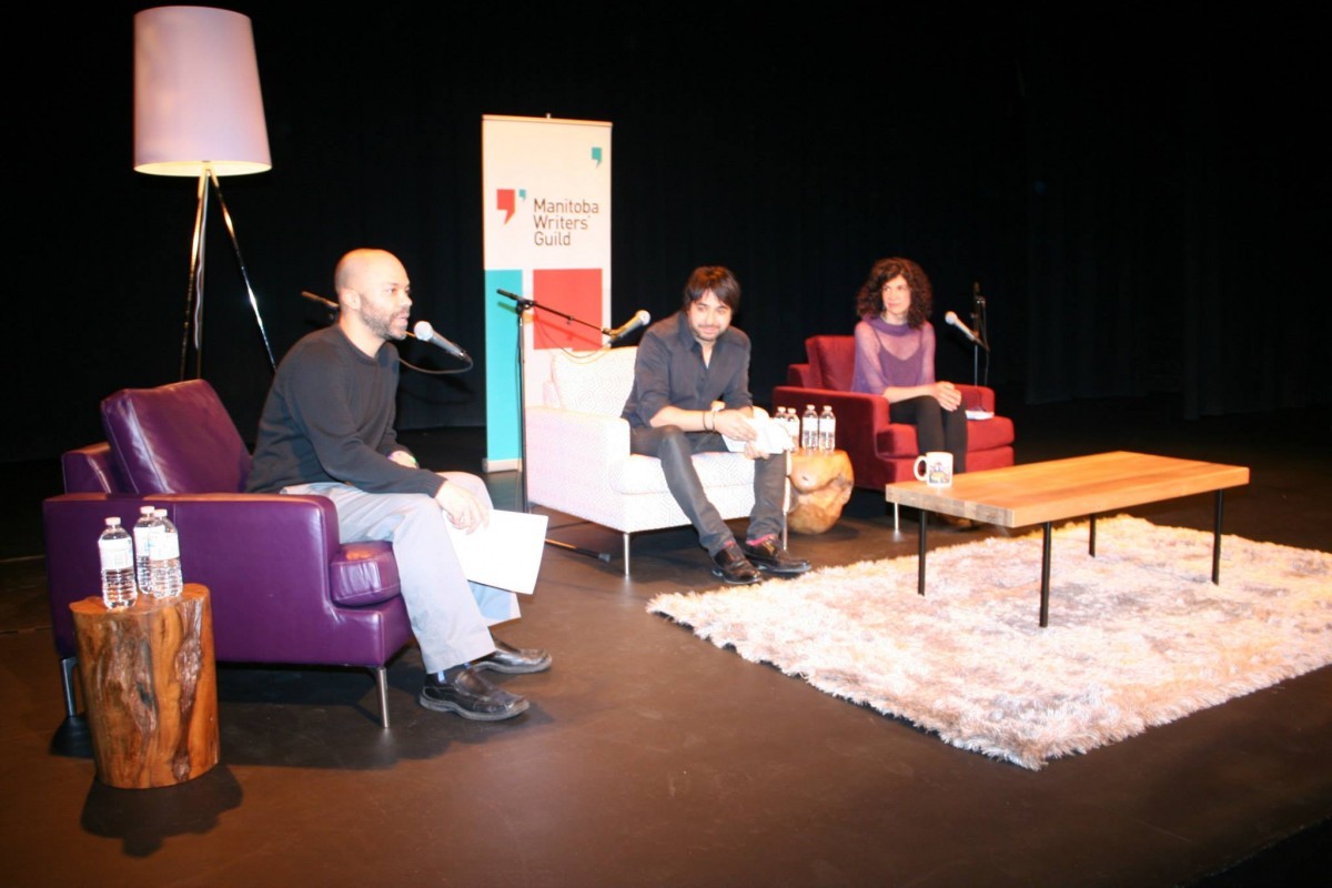 Jila (far right) and Jian Ghomeshi (right) onstage at the Manitoba Writers' Guild.