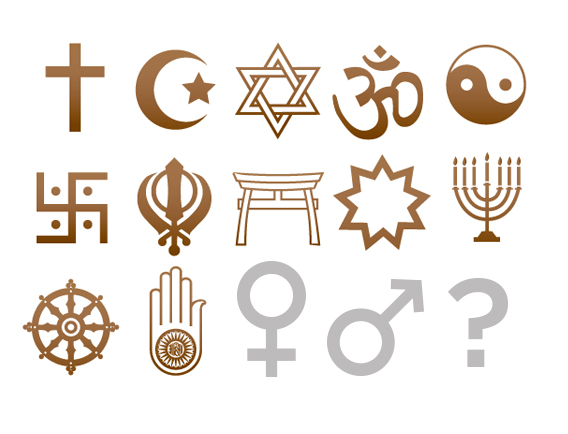 Religious symbols and gender symbols with a question markl
