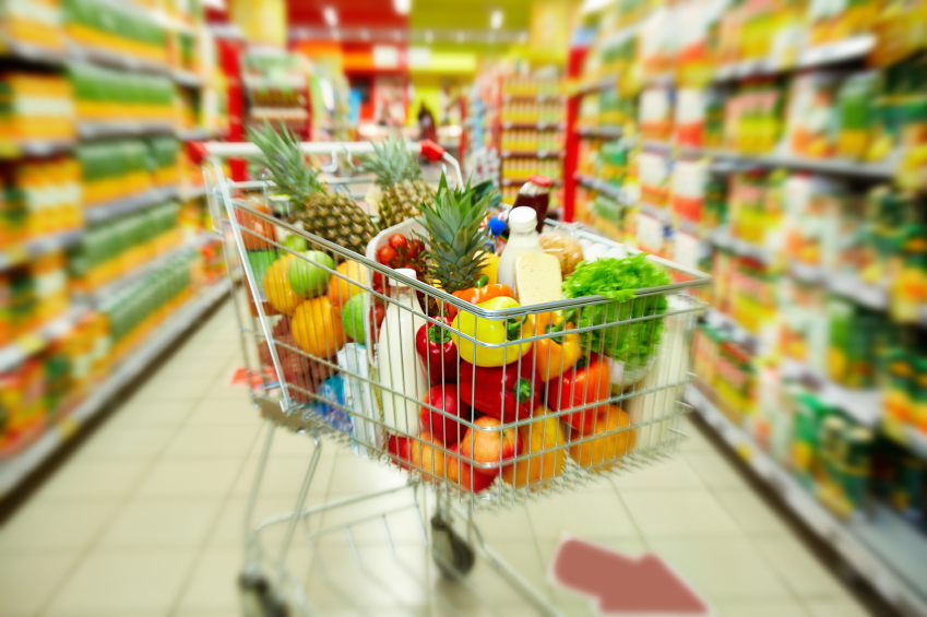 Shopping cart with food products