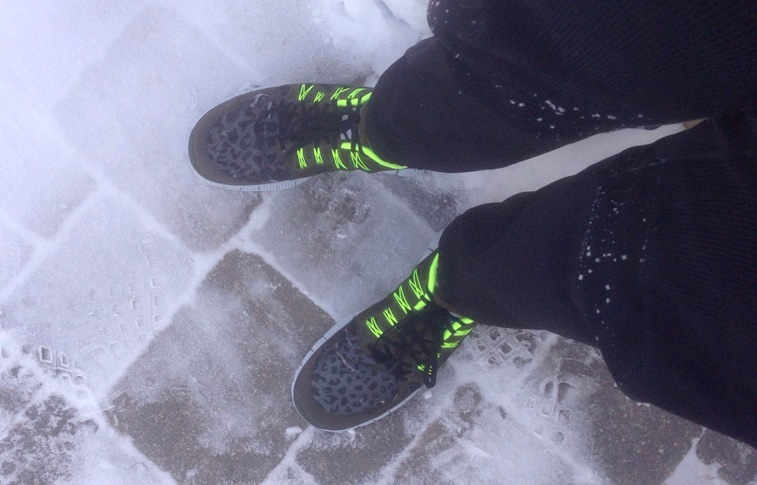 running shoes on snow