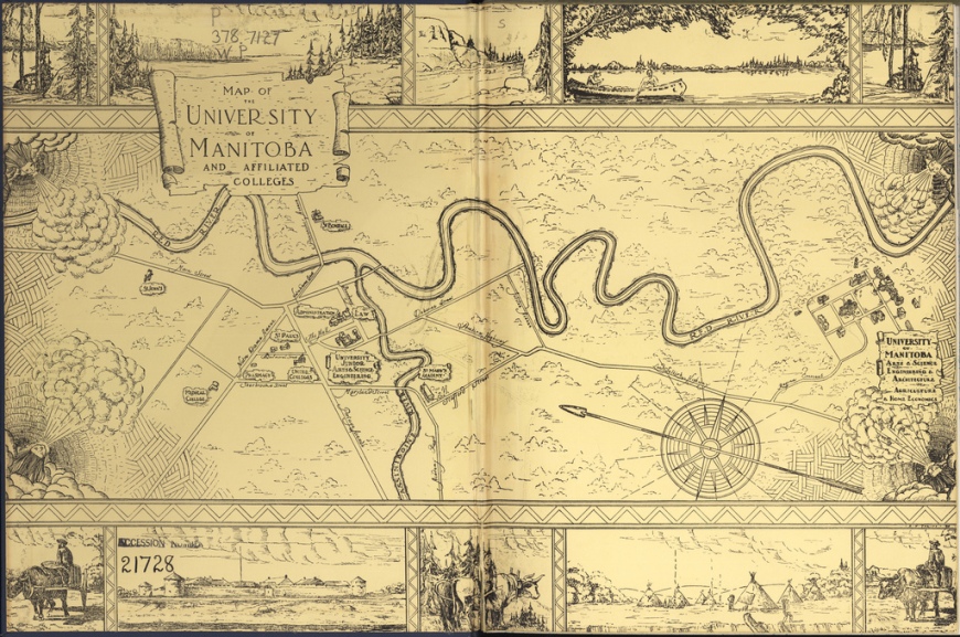 1934 map of the University of Manitoba and its affliated colleges