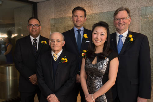 Distinguished Alumni Award recipients, left to right, Bruce Miller [BRS/1999], David Matas [BA/1964], cott Cairns [BSc(Maj)/2001], Chau Pham [BSc/2000, MD/2005, MBA/2013] and John Bockstael [BSc(CE)/1980].