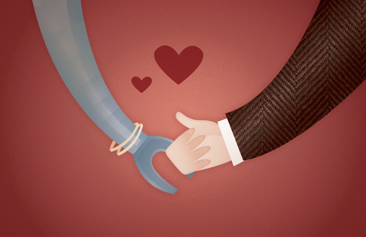 a robot hand holding a human hand, surrounded by hearts