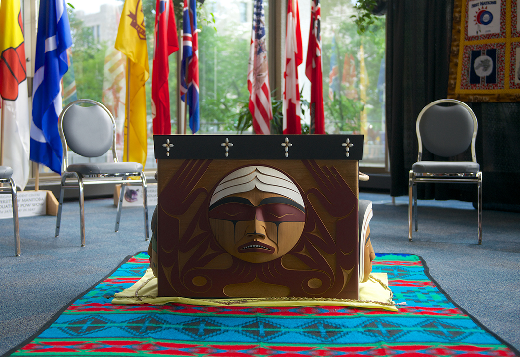 Carved by Coast Salish artist Luke Marston, the TRC Bentwood Box is a lasting tribute to all Indian Residential School Survivors. The box travelled with the TRC to all of its official events. // Photo by Adam Dolman