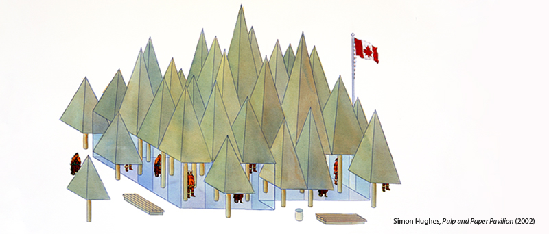 artistic image of pine trees and lumberjacks